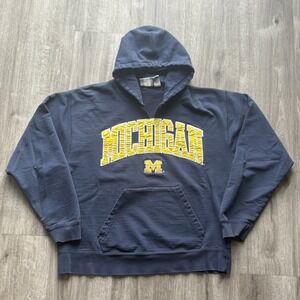 Vintage J America Michigan Wolverines Distressed Hoodie Navy Blue Large